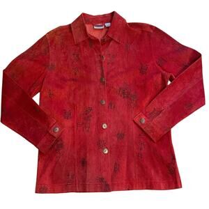 Chico’s Suede Leather Y2K Boho Asian Calligraphy Print Red Jacket Size 1 (Med)